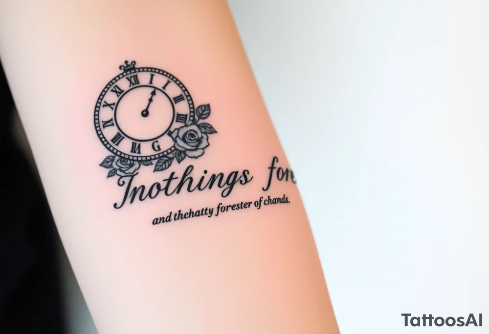 Roman clock with roses and a crown,  a quote that says nothings forever. and on the bottom a deck of cards gangster chicano style tattoo idea