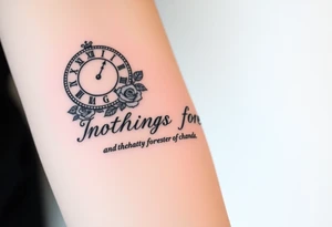 Roman clock with roses and a crown,  a quote that says nothings forever. and on the bottom a deck of cards gangster chicano style tattoo idea