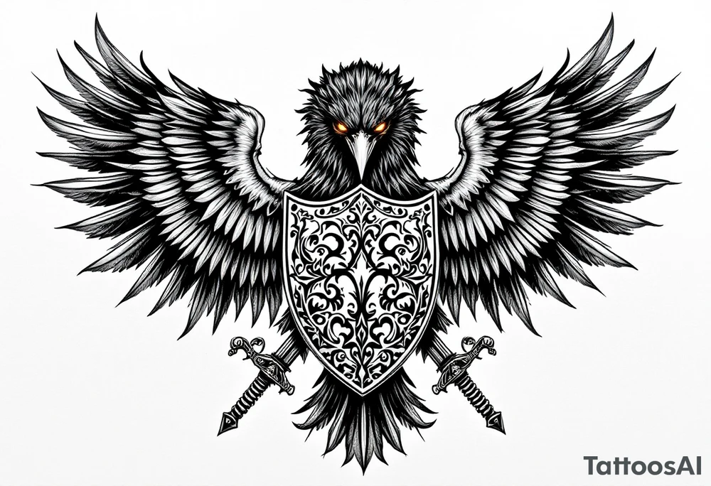 Silesian Eagle with a Shield and Swords – A fierce black eagle clutching a silver shield with traditional Silesian patterns, crossed by two ornate medieval swords. The eagle’s eyes glow in deep amber, symbolizing vigilance and protection. tattoo idea