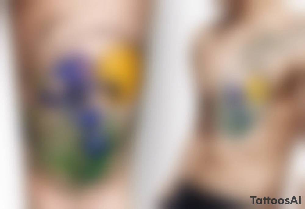 Create a small colorful Vincent van Gogh Irises tattoo in the form of a crescent, with vines gracefully intertwining at a central point in the middle of the wreath. The intended placement is on the upper chest. The overall design should be small in size while maintaining a delicate and artistic aesthetic. Pay attention to the graceful flow of the vines and the placement of the irises to achieve a refined and elegant look. tattoo idea