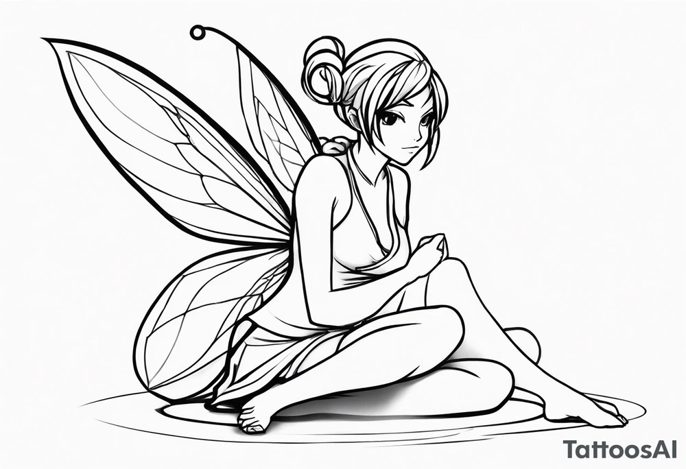 No color sketch of a fairy with a tail inspired by the guild symbol in the anime show called Fairy Tail in a fetal position leaning in and forward while crawled in tattoo idea