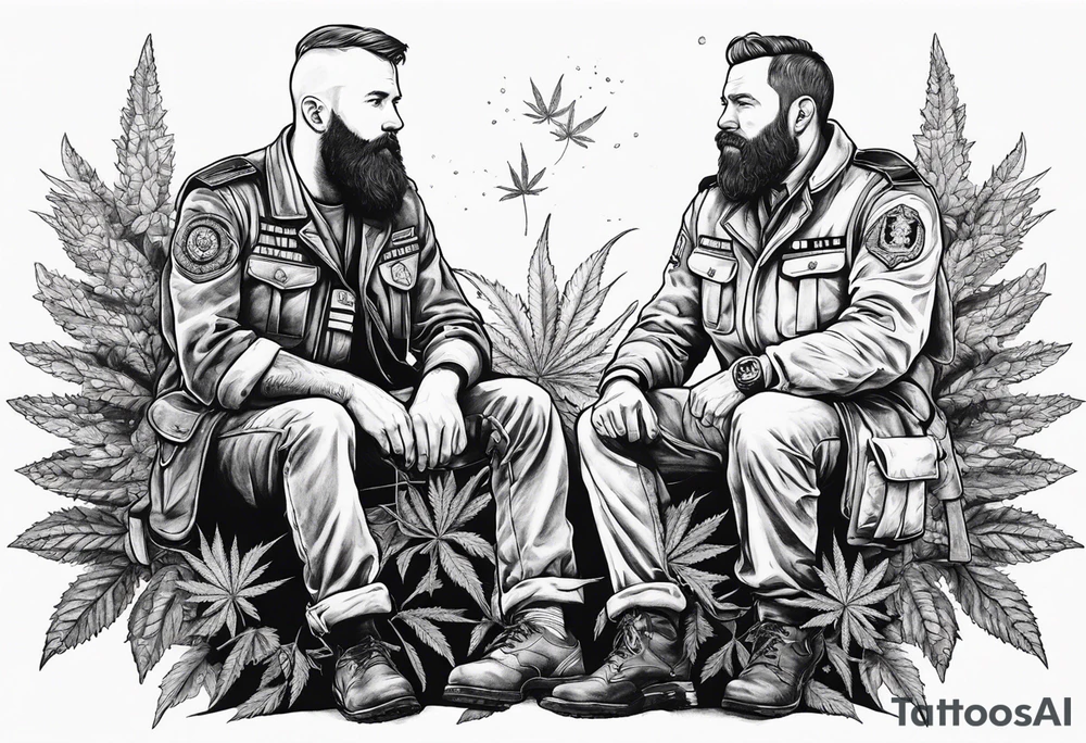 very big short hair 
irish guy with beard and bald skinny german military doctor sitting on a cannabis plant tattoo idea