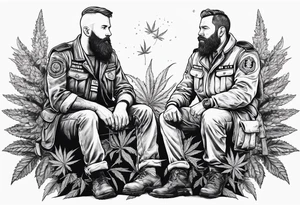 very big short hair 
irish guy with beard and bald skinny german military doctor sitting on a cannabis plant tattoo idea