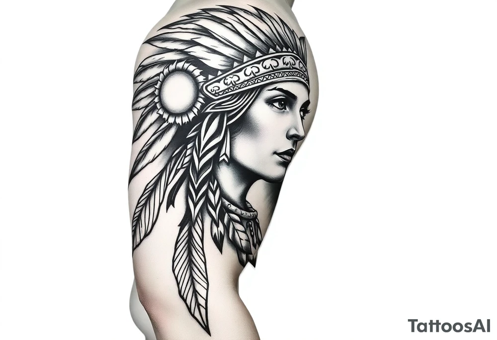 Native American girl with headdress the sun and arrowhead tattoo idea