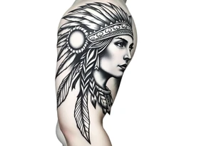 Native American girl with headdress the sun and arrowhead tattoo idea