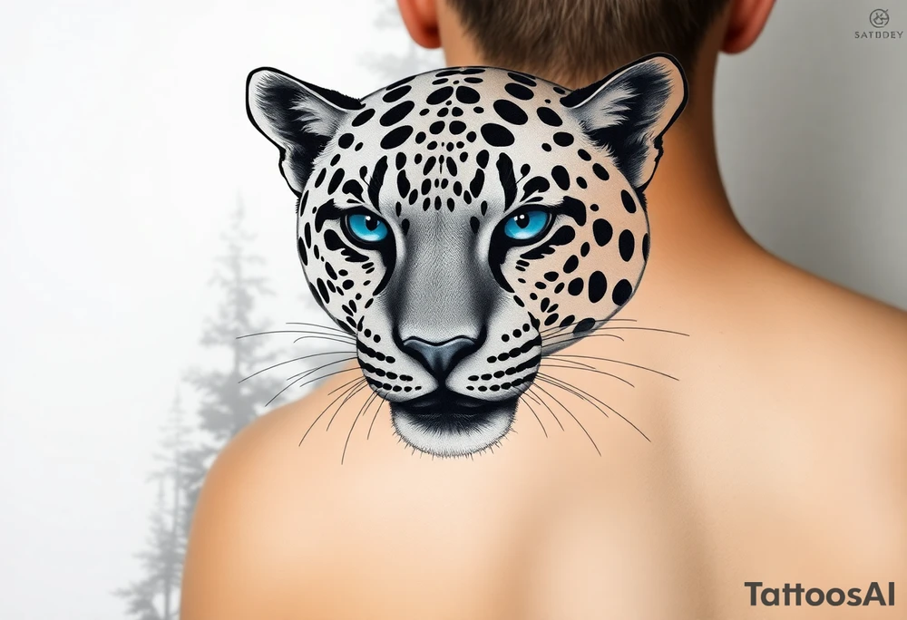 The jaguar should look strong, elegant, and slightly mysterious.

I want it to have striking, deep blue eyes – that’s an important feature.

Style: I’m open to realism or slightly stylized, but it should still look powerful and beautiful.

The expression should show confidence or calm focus – not aggressive, but alert and intelligent.

Background: Can be minimal or with subtle nature elements (like mist, forest shadows, or moonlight) – nothing too busy.

I’d like the overall composition to feel balanced and meaningful, something that represents inner strength and independence. I want it to look more realistic tattoo idea