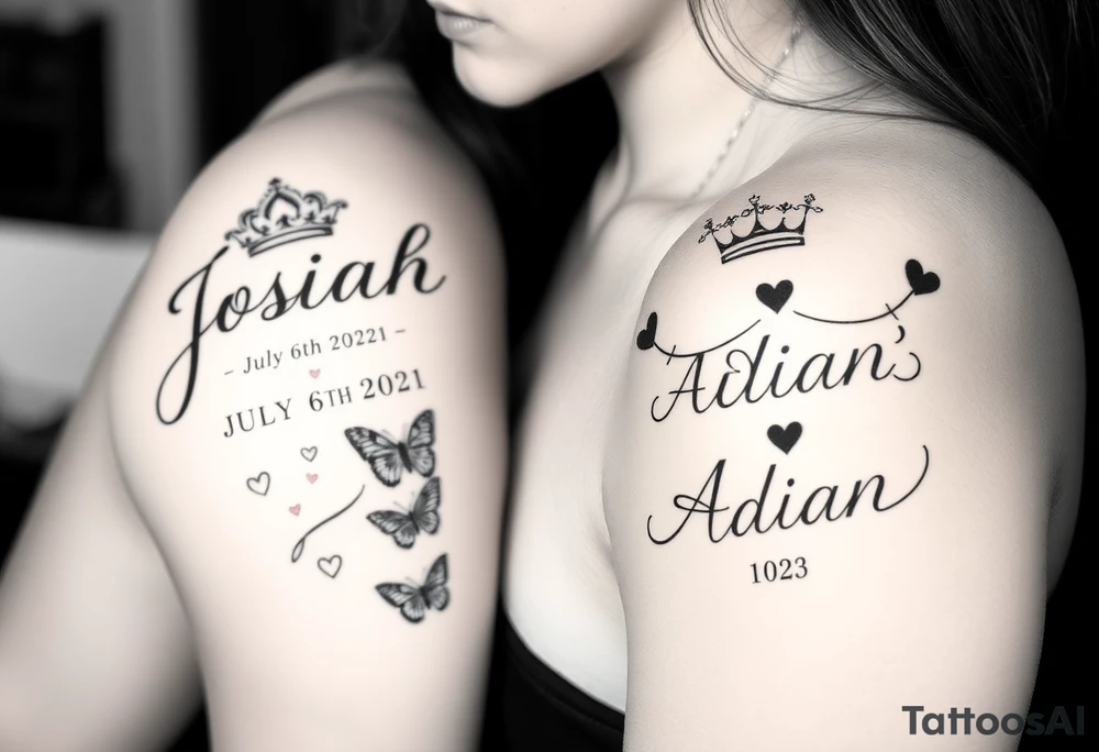 Feminine womens tatto that starts as sleeve and goes down to ankle and in tattoo the names JOSIAH in cursive written with the date July 6th 2021 iAND NEXT TO NAME A PRINCE CROWN and butterfly's and the cancer zodiac number in between with the capricorn sing in between and hearts and the next part lower part of tatto the name ADIAN WITH THE DATE March 10th 2023 WITH A SMALLER PRINCE CROWN THEN THE JOSIAHS CROWN AND THEN LITTLE BUTTERFLYS WITH THE PACIES ZODIAC SING IN AND THE CAPRICORN ZODIAC SIGN BOTH SMALL AND IN BETWEEN THE BUTYERFLYS AND HEARTS MAKE IT MIX TOGTHER DO THE SAME WITH THE CANCER AND CPROCORN SIGN ABOVE only write each name once tattoo idea