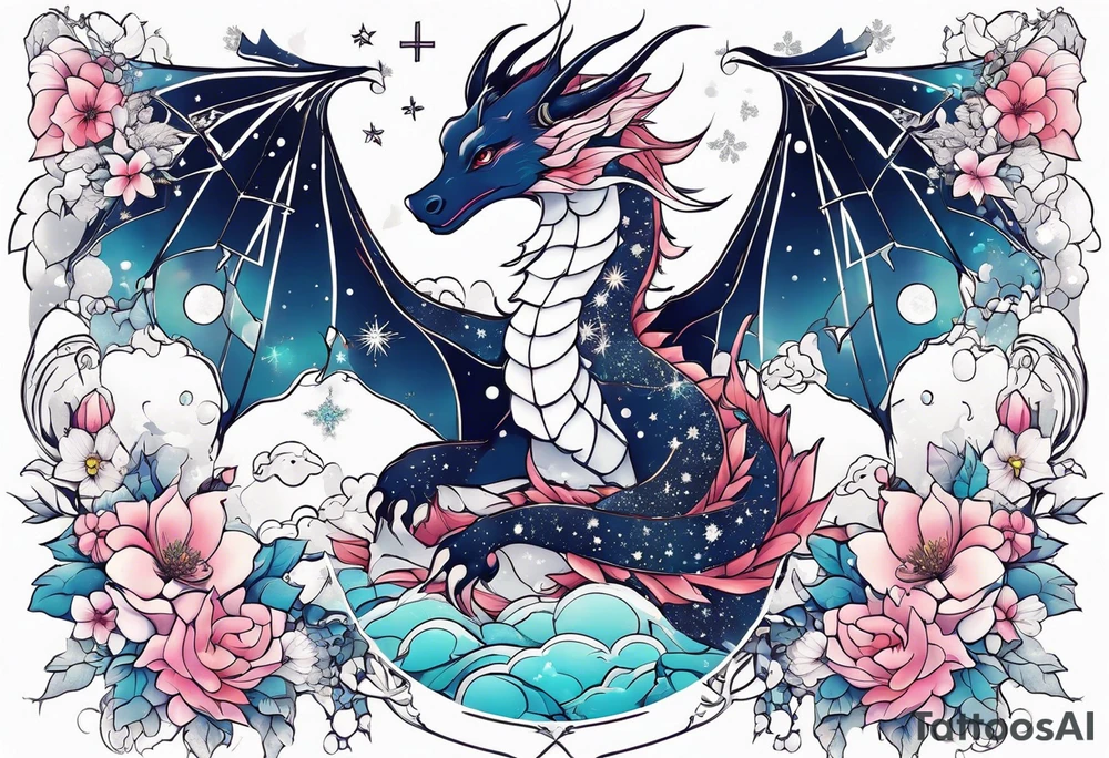Constellation, wing , snow , cross , dragon female japan kawaii , flower tattoo idea