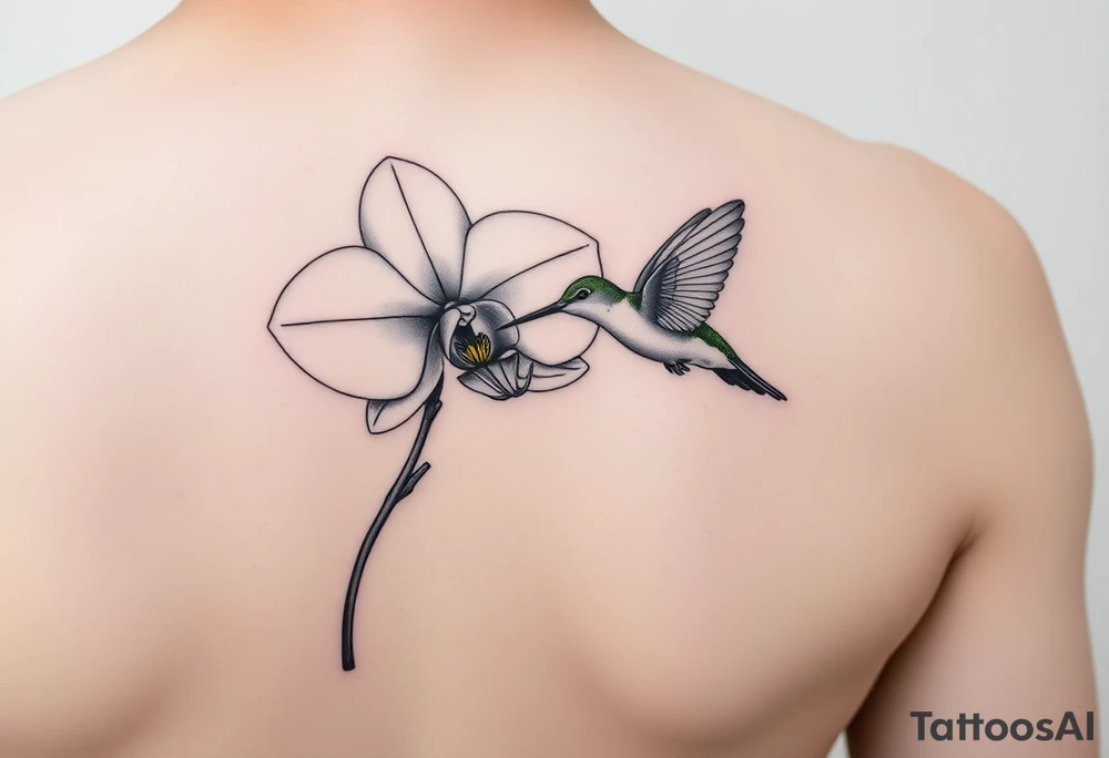 A delicate, black and white fine-line tattoo for make, featuring a gracefully detailed orchid in full bloom (stem and at least 2 flowers), with soft, intricate petals and elegant curves. Beside it, a hummingbird hovers mid-flight, its wings drawn with subtle motion lines, its slender beak reaching toward the orchid’s center to drink its nectar. The design captures a sense of balance and harmony, with the contrast between the stillness of the flower and the gentle energy of the bird. Perfectly suited for the upper arm, this piece combines nature’s beauty and movement in a timeless style tattoo idea