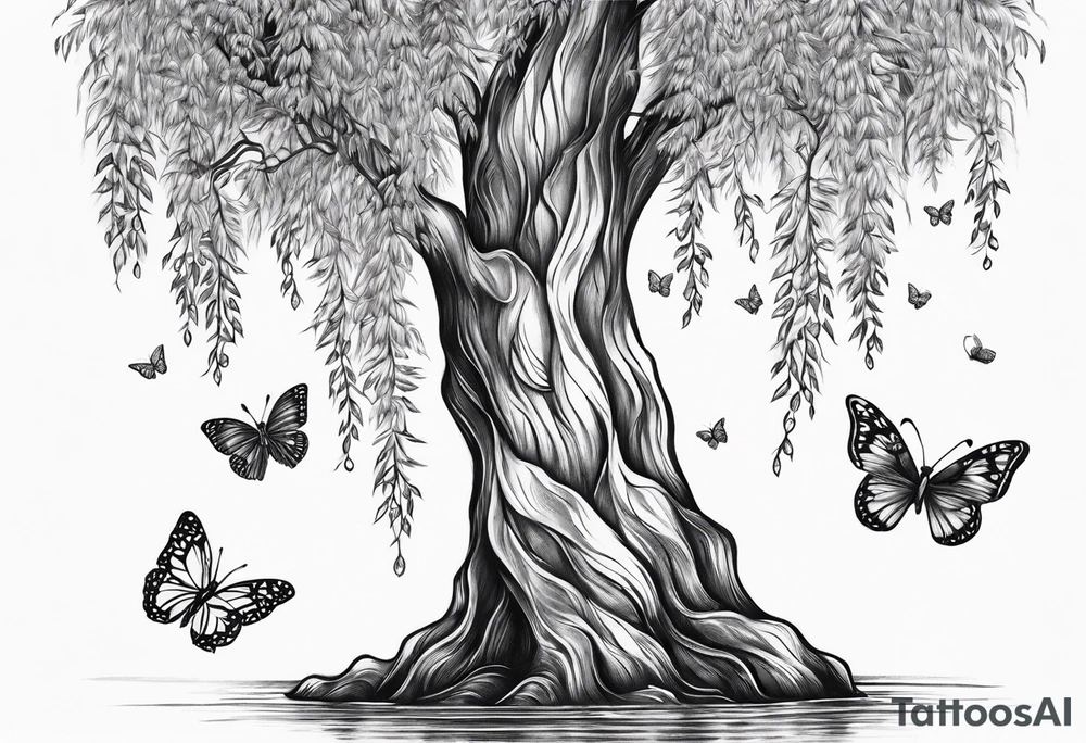 Skinny Weeping willow tree with butterflies tattoo idea