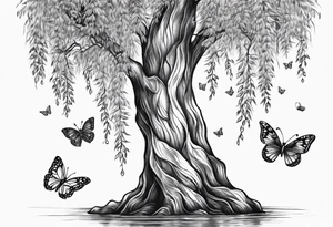 Skinny Weeping willow tree with butterflies tattoo idea