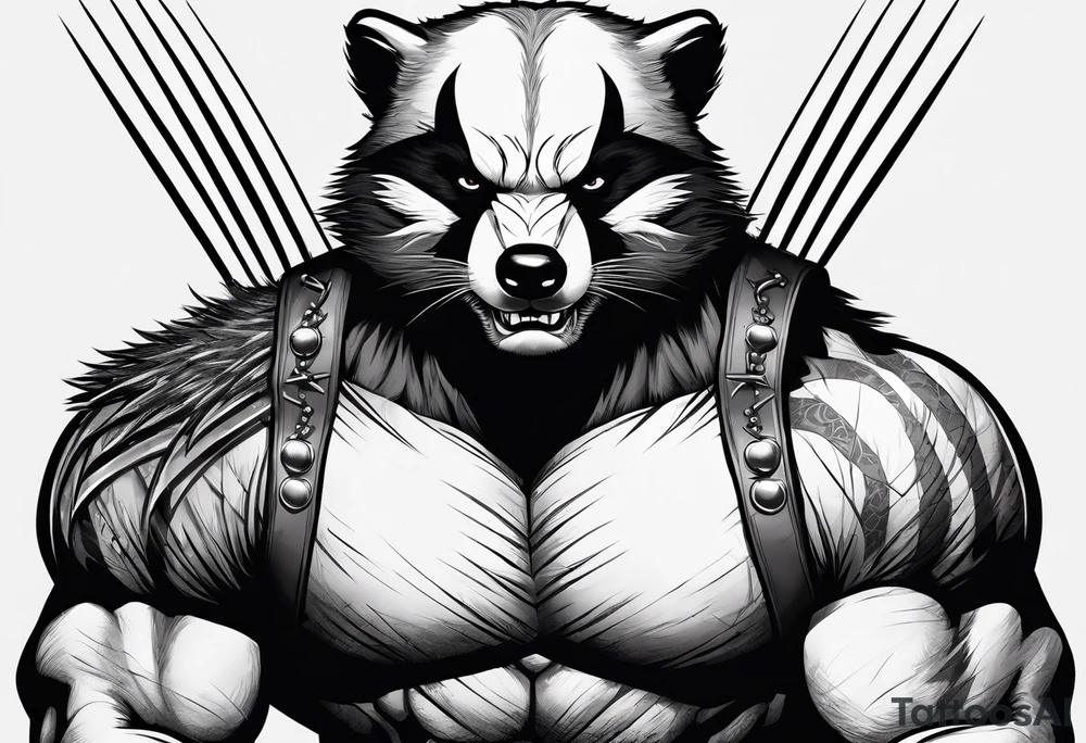 Draw me badger/wolverine with aggressive full body show, killer face with cute smile, very long nails and he attacks like a Turkish gladiator to enemy and also he has very deadly looking tattoo idea
