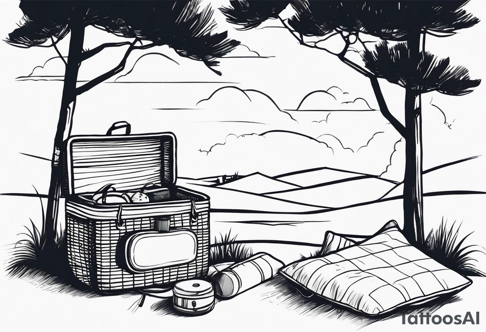 minimalstic picnic scene in nature. A blanket on the ground with one picnic-basket with lid, one backpack, one old speaker and 2-3 pillows to sit on and tennants. tattoo idea
