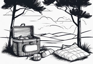 minimalstic picnic scene in nature. A blanket on the ground with one picnic-basket with lid, one backpack, one old speaker and 2-3 pillows to sit on and tennants. tattoo idea
