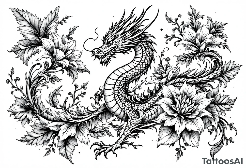 un dragon central entouré de fleurs de lys tattoo idea