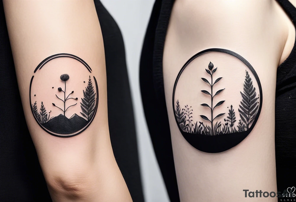 Here’s a description for the fourth idea:

	Minimalist black-and-white tattoo above the inner elbow, featuring an open circle with a small sprouting seed or budding plant inside, symbolizing new life and growth. From the seed, a fine, delicate lifeline extends outward, representing the journey of parent and child together. The design uses thin, clean lines for a simple, elegant, and symbolic look. tattoo idea