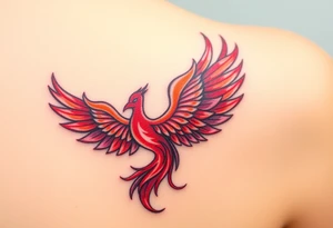 Phoenix rising from the ashes with the colors red, pink, orange and purple. Size 3 cm wide and 5 cm high tattoo idea