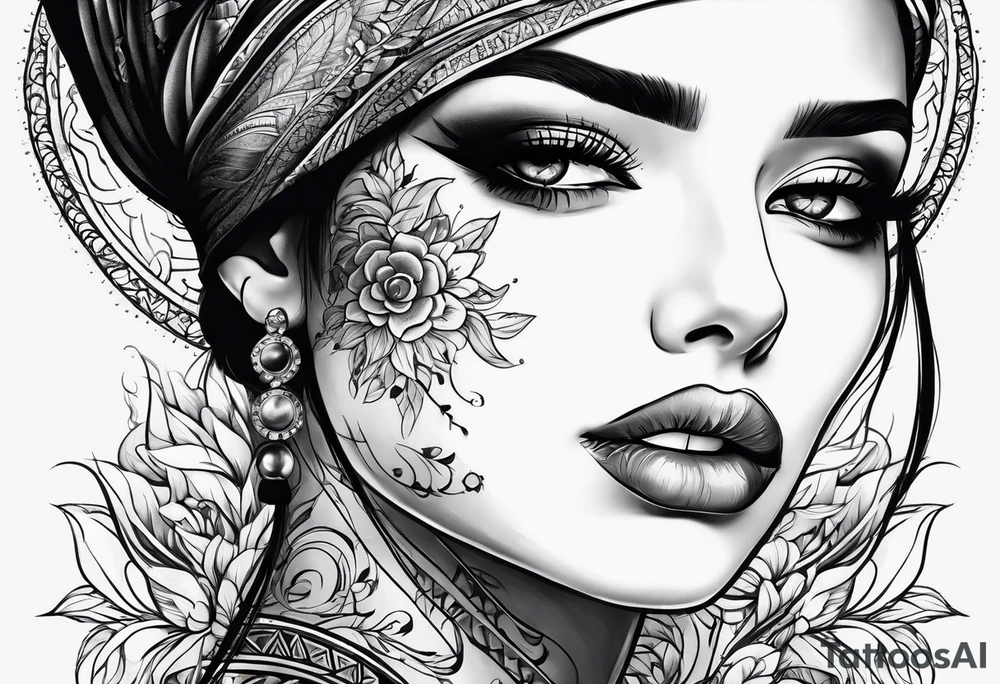 Half of beautiful woman face is closed with the arm tattoo idea