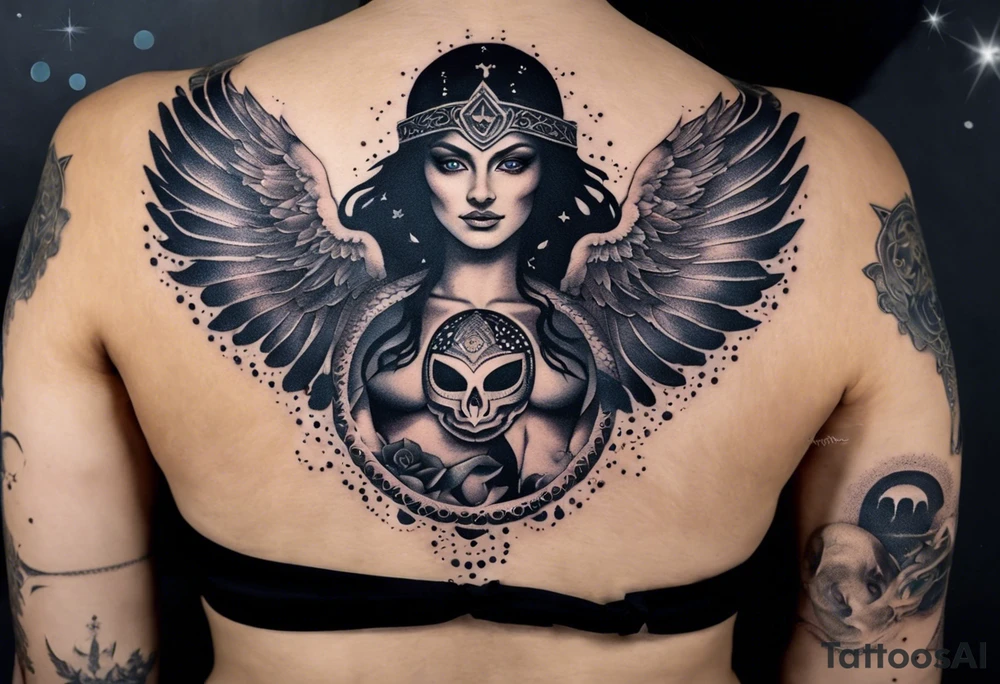 black kali, goddess pirate, alien, angel, pachamama, valkrye, warrior, flying, skull, lotus azul, wing, eagle, zenza resonance, stars, 5D, anahata chakra, death, durga, riding on a tiger, flying lady, chest tatoo tattoo idea