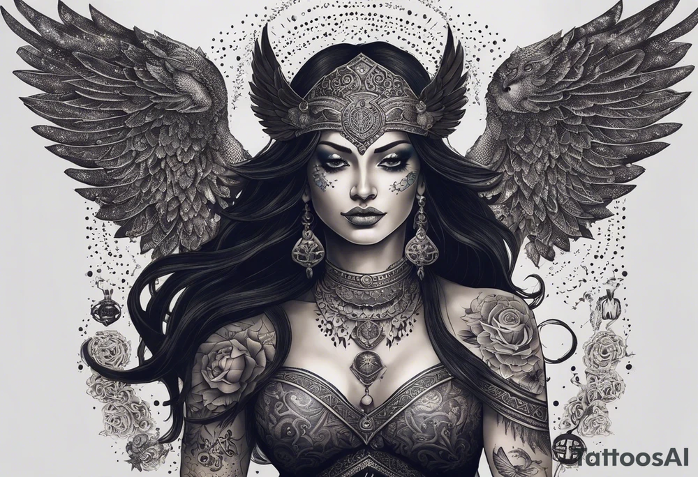 black kali, goddess pirate, alien, angel, pachamama, valkrye, warrior, flying, skull, lotus azul, wing, eagle, zenza resonance, stars, 5D, anahata chakra, death, durga, riding on a tiger, flying lady, chest tatoo tattoo idea