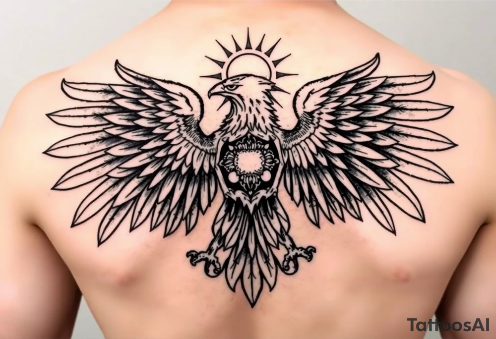 i am looking at getting a russian / serbian style eagle spread out on my back neck across my shoulders / traps in a orthodox christian style setting with a sun beaming and in a mountainous setting give me some ideas tattoo idea