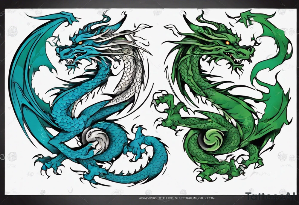 ying yang dragon half blue half green tattoo idea