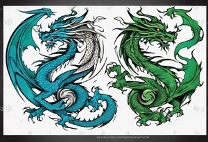 ying yang dragon half blue half green tattoo idea