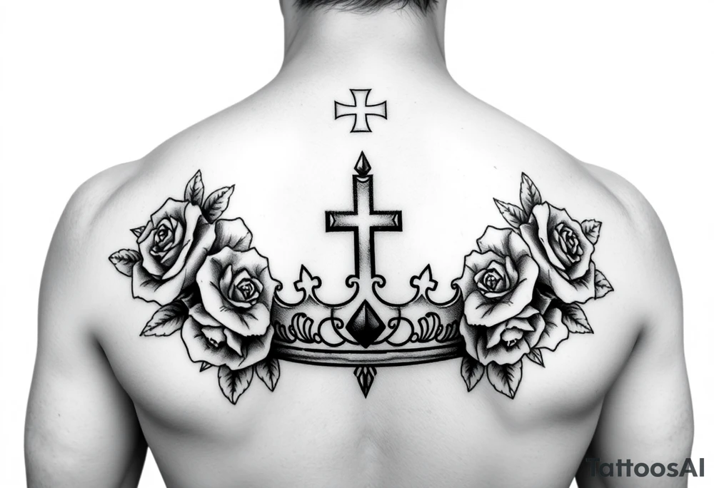 Roses around Christian crown tattoo idea
