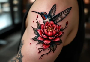 hummingbird and lotus flower, egyptian theme. Red and black colors only tattoo idea