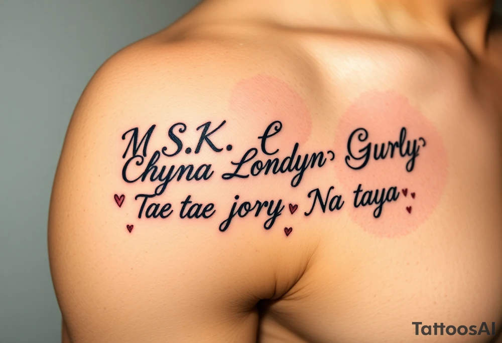 Cursive words that say, 

M.S.K

Chyna

Londyn

Gurly 

Tae tae 

Na jorya 

Na taya
 surrounded by little hearts & stars tattoo idea