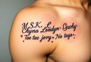 Cursive words that say, 

M.S.K

Chyna

Londyn

Gurly 

Tae tae 

Na jorya 

Na taya
 surrounded by little hearts & stars tattoo idea