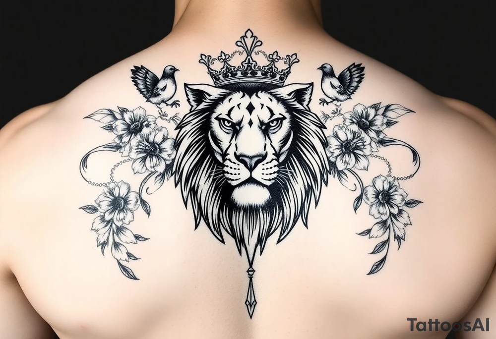 powerful majestic lion with a crown, surrounded by floral ornaments and birds tattoo idea