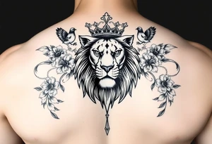 powerful majestic lion with a crown, surrounded by floral ornaments and birds tattoo idea