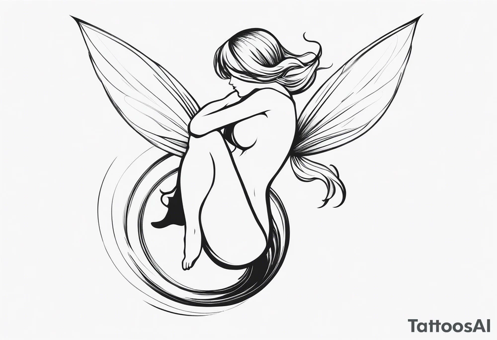 Minimalistic, monochromatic fairy with a tail flying to the left in a fetal position, leaning and looking in the same direction, with visible hands, embodying the 'Fairy Tail' logo aesthetic. tattoo idea