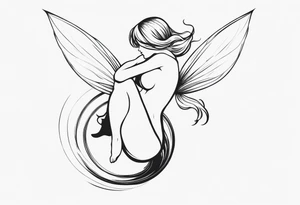 Minimalistic, monochromatic fairy with a tail flying to the left in a fetal position, leaning and looking in the same direction, with visible hands, embodying the 'Fairy Tail' logo aesthetic. tattoo idea