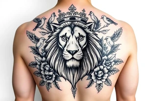 powerful majestic lion with a crown, surrounded by floral ornaments and birds tattoo idea