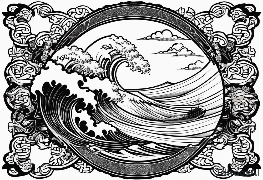 japanese wave mixed in celtic patterns equally. kamikaze plane tattoo idea