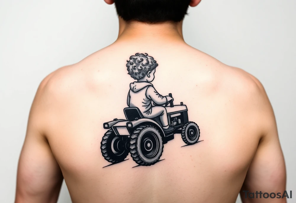 Realistic minimalist back view of curly headed toddler son riding a toy tractor with a geometric frame tattoo idea