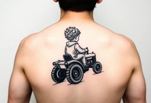 Realistic minimalist back view of curly headed toddler son riding a toy tractor with a geometric frame tattoo idea