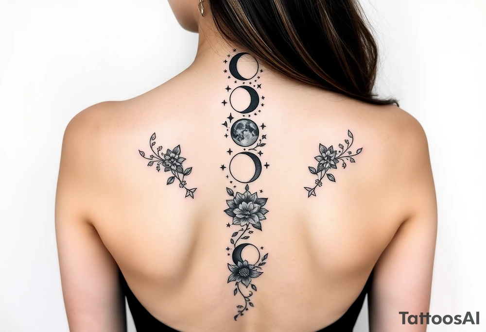 new moon, waxing crescent, first quarter, waxing gibbous, full moon, waning gibbous, last quarter, and waning crescent going down the spine vertically each represent different phases of the moon individually with flowers and vines and stars around it going up and down the sides tattoo idea
