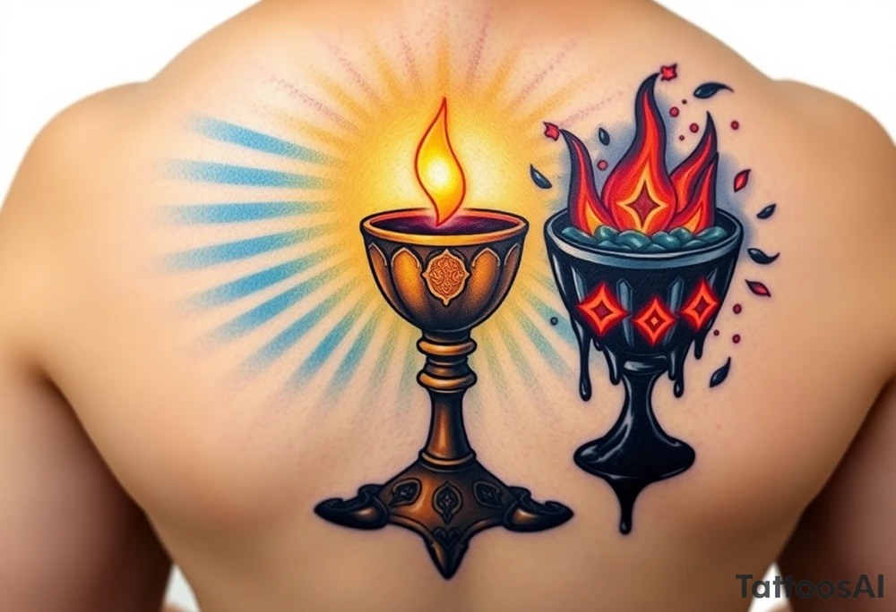 A radiant, holy grail, glowing with soft blues and golds, surrounded by soft rays of light, opposed to a dark chalice, dripping black liquid, with red glowing symbols and a menacing aura, symbolizing a search for purity and a thirst for darkness. tattoo idea