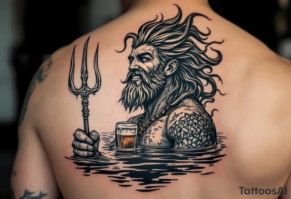 young, smiling, fit poseidon in calm water, holding a trident, drinking a beer, with sunset tattoo idea