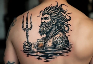 young, smiling, fit poseidon in calm water, holding a trident, drinking a beer, with sunset tattoo idea