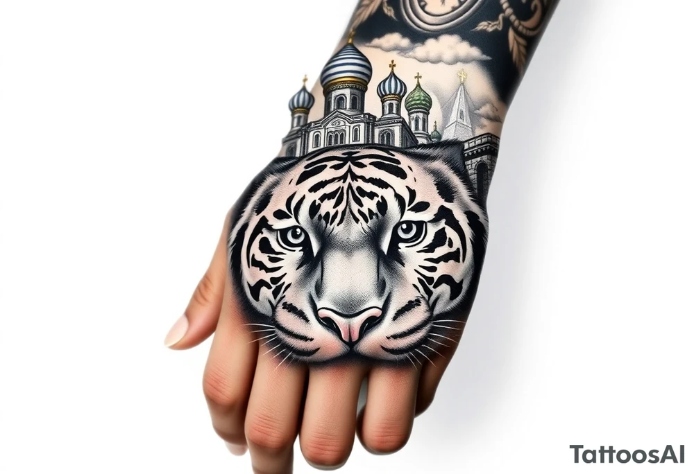 Realistic tiger face on the back of the hand with strong contrast and fine detail with all black eyes. then a highly detailed Russian Orthodox cathedral sitting above on the top fore arm with onion domes and orthodox crosses, done in fine line, engraving-like style. Cohesive composition, black ink only, no color, high contrast, slightly aged, documentary-style, plain light background. with clouds above and a virgin mary tattoo idea