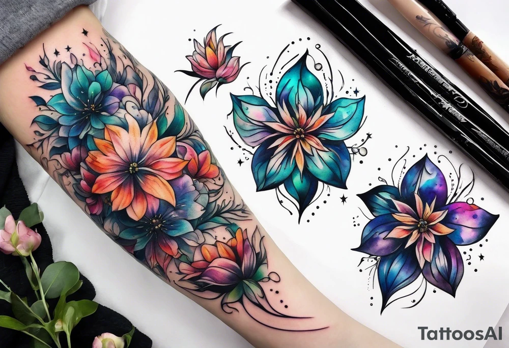 Cosmic space flowers tattoo idea
