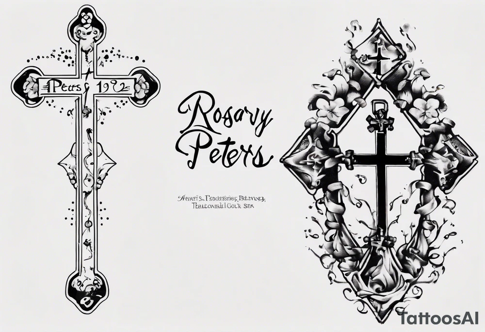 men’s arm sleeve, rosary, the name Peters, 1997, cross tattoo idea