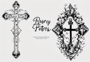 men’s arm sleeve, rosary, the name Peters, 1997, cross tattoo idea
