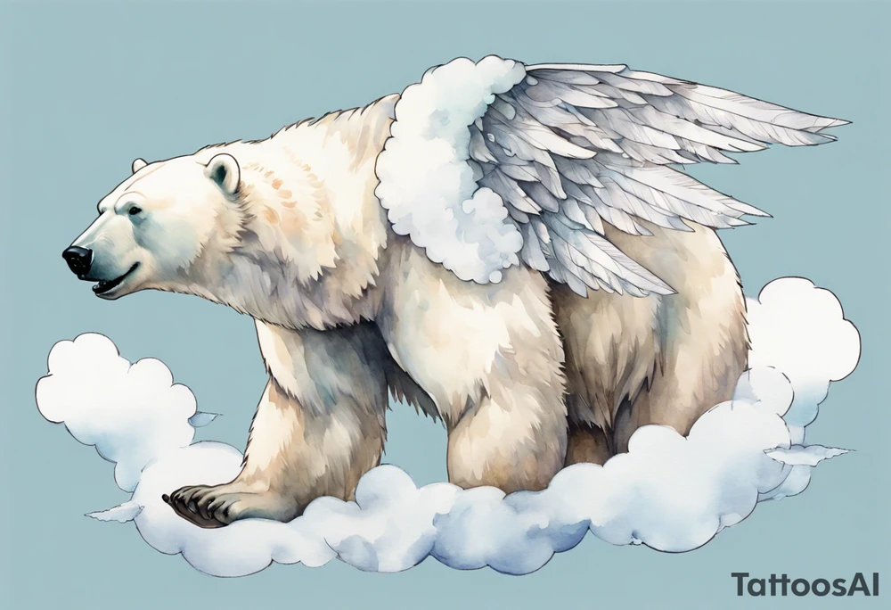 a polar bear with wings, standing on  clouds, with mouth wide open tattoo idea