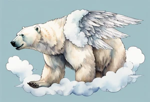 a polar bear with wings, standing on  clouds, with mouth wide open tattoo idea