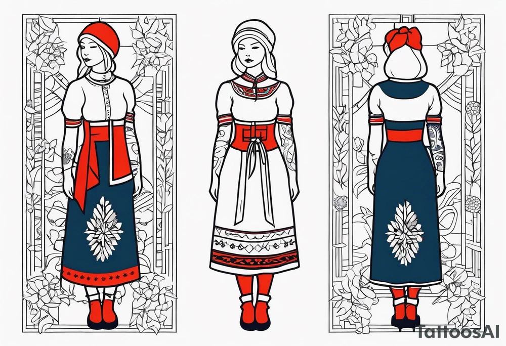 A tattoo design of a girl in the Norwegian national dress. Linework only, full body tattoo idea
